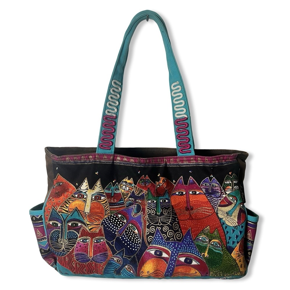 Laurel Burch Cat Fantasticats MED/LARGE Tote Bag 16.75x4x10" Outside Pockets